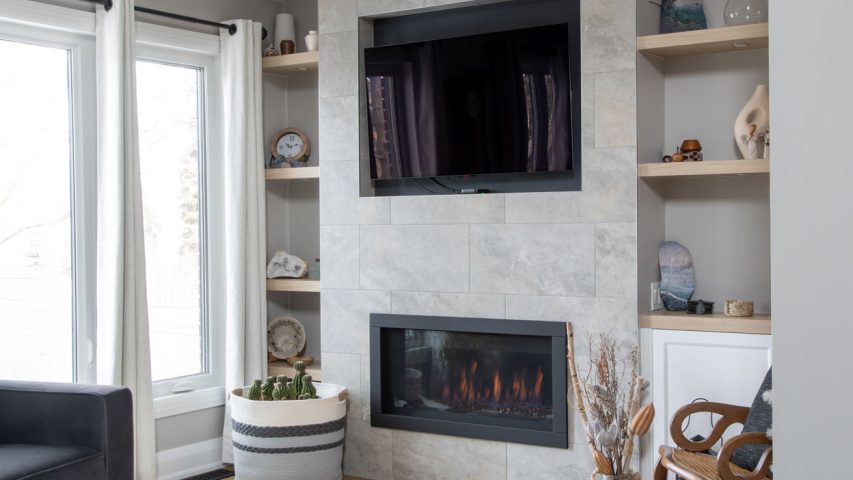 ottawa family living room renovation fireplace shelving